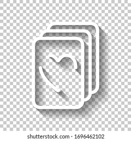 Playing cards, hearts on top, linear logo. White icon with shadow on transparent background