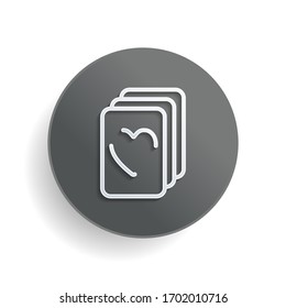 Playing cards, hearts on top, linear logo. White paper symbol on gray round button or badge with shadow
