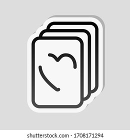 Playing cards, hearts on top, linear logo. Sticker style with white border and simple shadow on gray background
