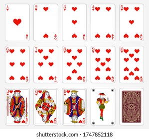 Playing cards of Hearts on a white background. Vector illustration.  Original design.