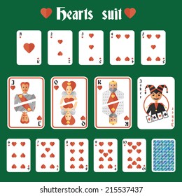 Playing cards hearts red suit set joker and back isolated vector illustration