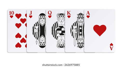 Playing Cards of Hearts. Royal Flush Combination. 