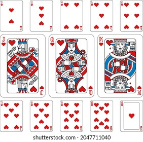 Playing cards hearts set in red, blue and black from a new modern original complete full deck design. Standard poker size.