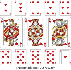 Playing cards hearts set in red, yellow and black from a new modern original complete full deck design. Standard poker size.
