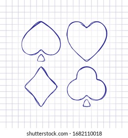 Playing cards. Hearts, spades, diamonds, clubs. Hand drawn picture on paper sheet. Blue ink, outline sketch style. Doodle on checkered background