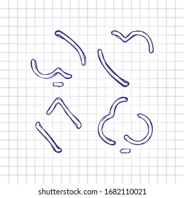 Playing cards. Hearts, spades, diamonds, clubs. Linear style. Hand drawn picture on paper sheet. Blue ink, outline sketch style. Doodle on checkered background