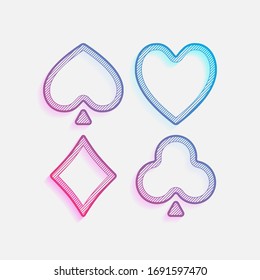 Playing cards. Hearts, spades, diamonds, clubs. Linear style. Colored logo with diagonal lines and blue-red gradient. Neon graphic, light effect