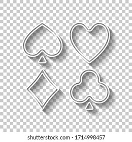 Playing cards. Hearts, spades, diamonds, clubs. Linear style. White outline sign with shadow on transparent background