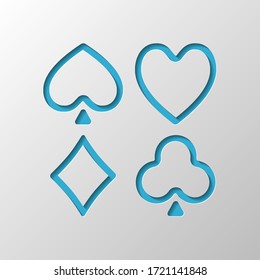 Playing cards. Hearts, spades, diamonds, clubs. Linear style. Paper design. Cutted symbol with shadow