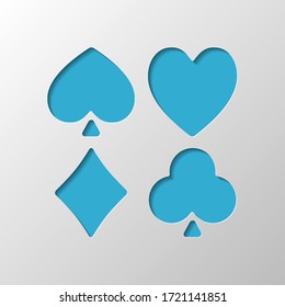 Jugando cartas. Corazones, espadas, diamantes, clubes. Diseño de papel. Símbolo recortado con sombra