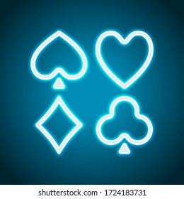 Playing cards. Hearts, spades, diamonds, clubs. Linear style. Neon style. Light decoration icon. Bright electric symbol