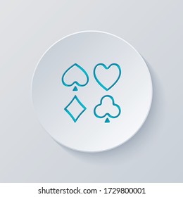 Playing cards. Hearts, spades, diamonds, clubs. Linear style. Cut circle with gray and blue layers. Paper style
