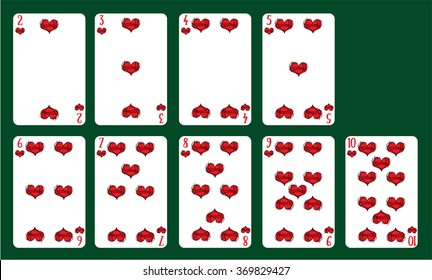 Playing cards Hearts suit from 20 to 10. A deck of cards.