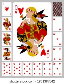 Playing cards of Hearts suit and back in funny flat style. Vector illustration