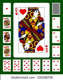 Playing cards of Hearts suit and back on green background. Faces double sized. Original design. Vector illustration