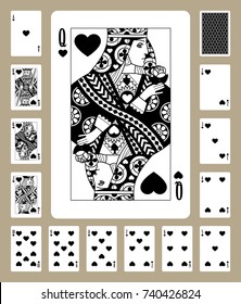 Playing cards of Hearts suit in black and white. Original design. Vector illustration