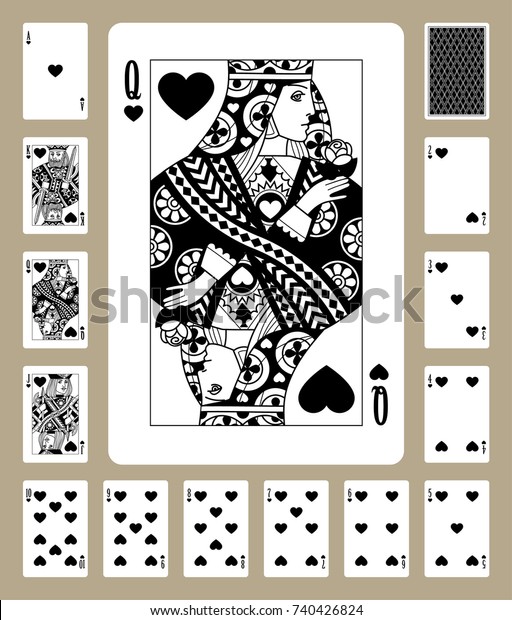 Playing cards of Hearts suit in black and\
white. Original design. Vector\
illustration