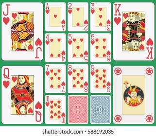 Playing cards hearts suit, blackjack version. Faces and joker double sized. Two cards back and green background. 