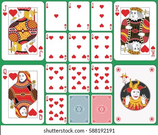 Playing cards hearts suit, faces and joker double sized. Two cards back and green background. 