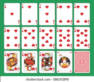 Playing cards hearts suit on green background. Original figures, joker and back. 