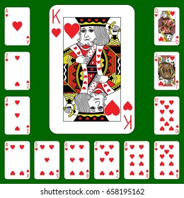 Playing cards Hearts suit on a green background.