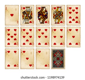 Playing cards of Hearts suit in vintage style. Original design. Vector illustration