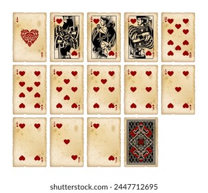 Playing cards of Hearts suit in vintage engraving style on grunge old shabby yellowed paper background isolated on white. Original retro design. Vector illustration