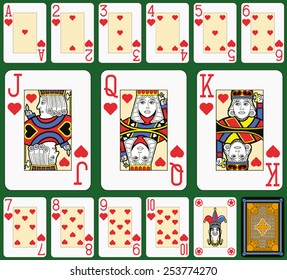 Playing cards, hearts suite, joker and back. Faces double sized. Green background.