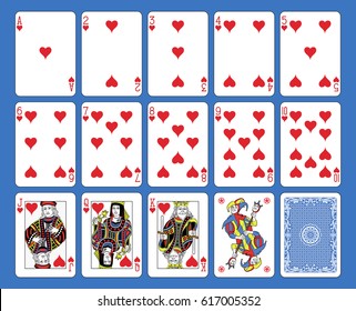 Playing cards hearts suite on a blue background. Original figures inspired by french tradition.
