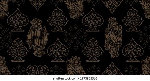 Playing cards horizontal seamless pattern in vintage monochrome style with skeleton king queen jack and elegant poker cards suits signs on dark background vector illustration