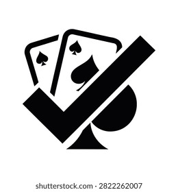 Playing cards icon with a large checkmark symbol, representing approved gambling or verified casino gaming. Japanese text below translates to No identity verification required casino.