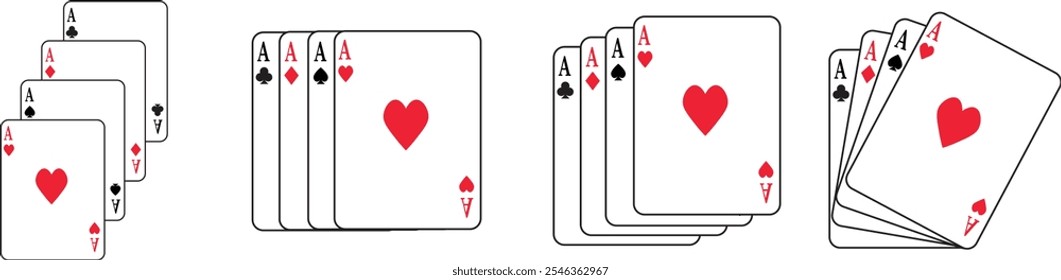 Playing cards icon set silhouette and editable red and black color flat or line vector isolated on transparent background. Spade ace suit A hearts playing card symbol. Poker card game sign pictogram.