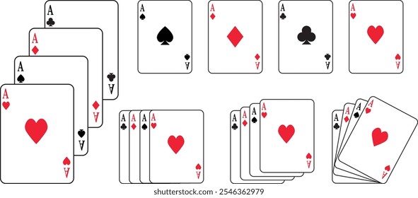 Playing cards icon set silhouette and editable red and black color flat or line vector isolated on transparent background. Spade ace suit A hearts playing card symbol. Poker card game sign pictogram.