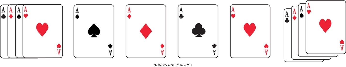 Silueta del conjunto del icono de las tarjetas de juego y Vector plano o de línea editable del color rojo y negro aislado en fondo transparente. Palo de as de pala Un símbolo de cartas de corazones. Pictograma de signo de juego de cartas de póquer.