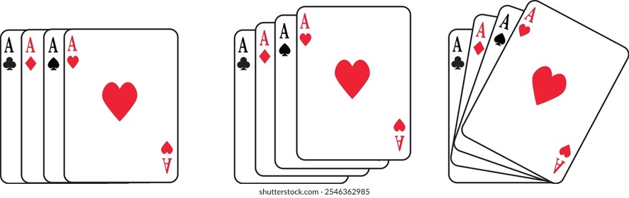 Playing cards icon set silhouette and editable red and black color flat or line vector isolated on transparent background. Spade ace suit A hearts playing card symbol. Poker card game sign pictogram.