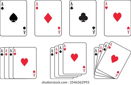 Playing cards icon set silhouette and editable red and black color flat or line vector isolated on transparent background. Spade ace suit A hearts playing card symbol. Poker card game sign pictogram.