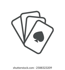 Playing Cards Icon. Thin Line Illustration of Fanned Poker Deck with Spade Suit, Symbolizing Gambling, Betting, and Strategy. Isolated Outline Vector Sign.