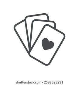 Playing Cards Icon. Thin Line Illustration of Fanned Poker Deck with Heart Suit, Symbolizing Gambling, Strategy, and Luck. Isolated Outline Vector Sign.