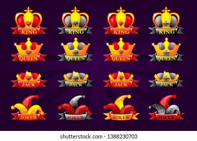 Playing cards icons with crown and ribbon. Poker symbols for casino and GUI graphic. King, queen, jack, ace and joker