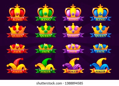 Playing cards icons with crown and ribbon. Poker symbols for casino and GUI graphic. King, queen, jack, ace and joker. Fortune chance jackpot. Vector collection set objects on separate layers.