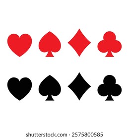 Playing cards icons set both black and red isolated on transparent background. Playing cards suits icon set.