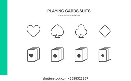 Playing Cards Icons. Set of minimal linear icons featuring heart, spade, club, diamond suits aces, all card fans, and card decks. Perfect for casino, poker, and gambling graphics. Vector illustration.