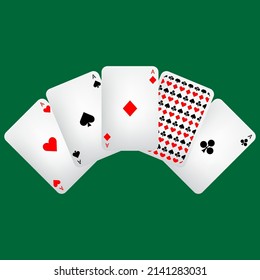 Playing cards isolated on green background, vector illustration.