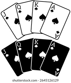 Playing cards, jack queen king and ace in black outline or black fill versions, gambling or hobby element
