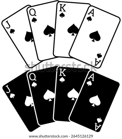 Playing cards, jack queen king and ace in black outline or black fill versions, gambling or hobby element