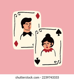 Playing cards with Jack and Queen of Spades. Valentines Day illustration in modern groovy doodle style