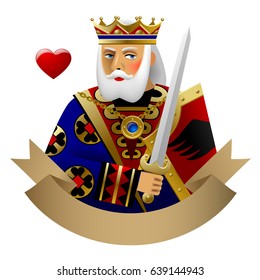 Playing cards King of heart with banner isolated on white. Vector illustration