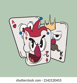 Playing Cards King and Joker. Vintage toons: funny character, vector illustration trendy classic retro cartoon style 30s.