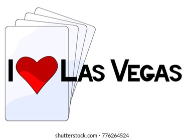 Playing cards and las vegas logo on white background