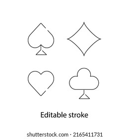 Playing cards line icons collection. Spades, hearts, diamonds and clubs. Slot machine signs set. Bingo and jackpot. Contour symbols pack. Editable stroke. Isolated vector stock illustration